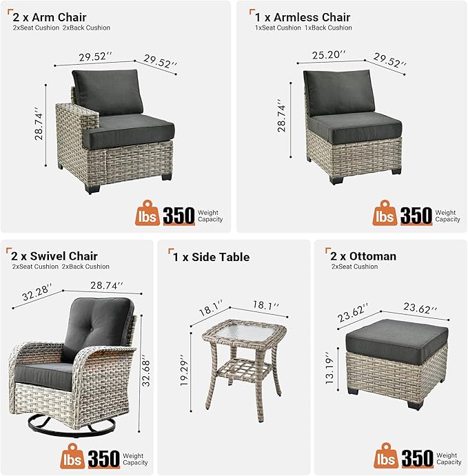 ovios 8 Piece Patio Sectional Furniture with Swivel Rocking Chairs, Rattan Wicker Coversation Set with Glowing Coffee Table, Outdoor Sofa Set for Outside Porch Balcony Backyard Pool, Black