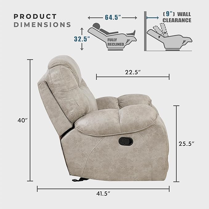 Lexicon Manual Glider Recliner Chair, Polished Microfiber Upholstered Manual Tab Pull Reclining Nursery Chair for Living Room, Pillow Top Armrest, Padded Headrest, Easy Assembly, Pewter