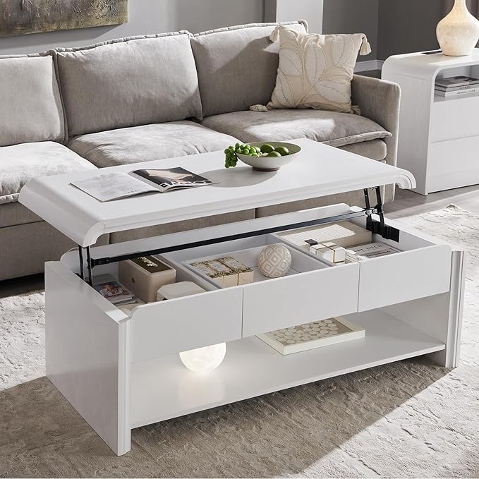 47" Lift Top Coffee Table with Storage, Modern Coffee Table with Pull-Out Drawer and Two-Tier Storage, Rectangle Wood Center Table w/Curved Profile Design for Living Room, White