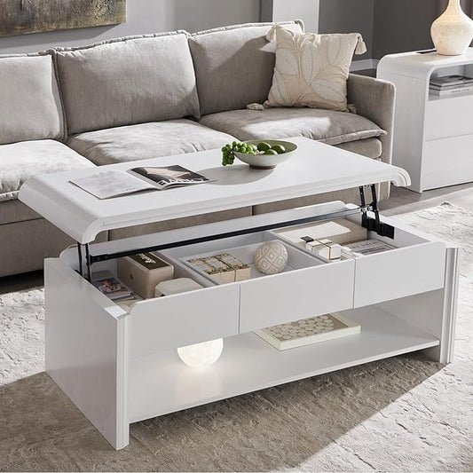 47" Lift Top Coffee Table with Storage, Modern Coffee Table with Pull-Out Drawer and Two-Tier Storage, Rectangle Wood Center Table w/Curved Profile Design for Living Room, White
