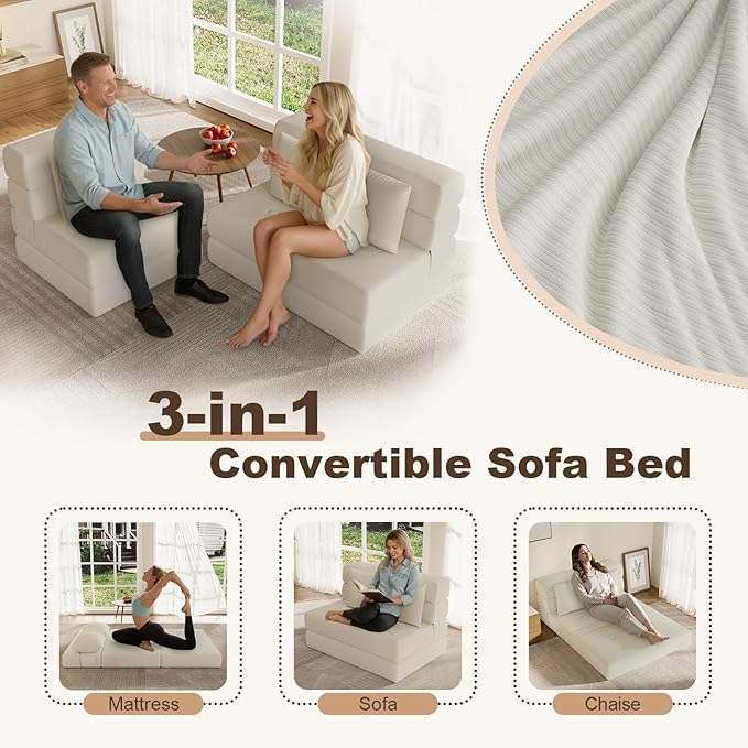 Folding Sofa Bed, Convertible Sleeper Chair & Couch Bed with Pillow, One-Piece High-Density Sponge Mattress, Multi-Purpose Corduroy Floor Sofa for Living Room, Office, Apartment, Beige, Twin
