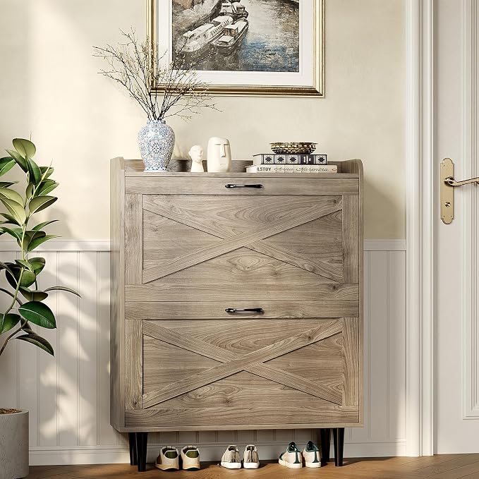 VINGLI Shoe Storage Cabinet for Entryway with 2 Flip Drawers, Ultra Slim Freestanding Entryway Shoe Organizer with Wood Tapered Legs,Hidden Closed Shoe Rack,31.6" W * 9.4" D * 39.4" H, Grey Oak by VINGLI
