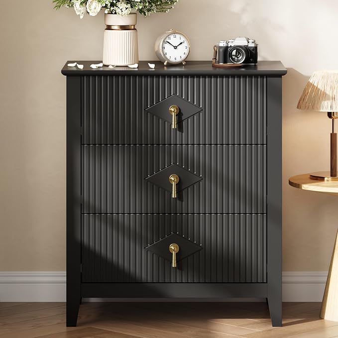 GarveeHome Wood Nightstand Fluted Dresser for Bedroom, 27.5" Wide 3-Drawer Bedside Tables, Modern Chest of Drawers, Storage End Table Living Room, Hallway, Entryway, Black by GarveeHome