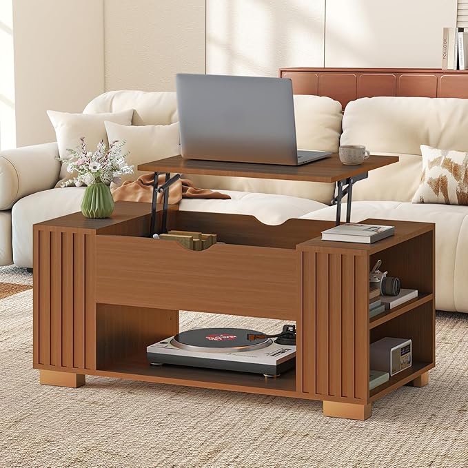 COMHOMA Lift Top Coffee Table for Living Room, 39" Center Table with Hidden Storage Compartment, Adjustable Wooden Tea Table for Small Spaces, Dark Brown