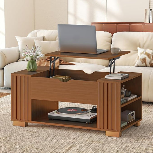 COMHOMA Lift Top Coffee Table for Living Room, 39" Center Table with Hidden Storage Compartment, Adjustable Wooden Tea Table for Small Spaces, Dark Brown