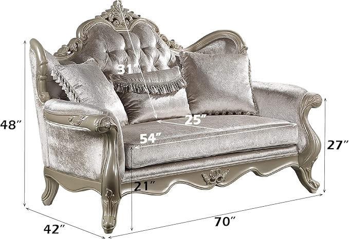 Acme Libertee Fabric Upholstered Loveseat with 3 Pillows in Beige/Champagne