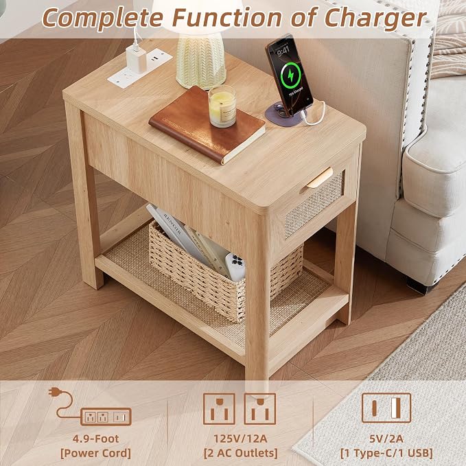 Lerliuo Narrow Night Stand with Charging Station, Boho Nightstand with Drawer, Bed Side End Table with Rattan Shelf for Small Spaces, Wood Nightstands Bedside Tables for Living Room Bedroom - Image 9