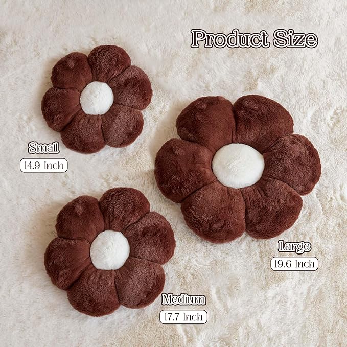 Kcvvcr Brown Flower Pillow Cute Decorative Flower Throw Pillow with Faux Rabbit Fur 17.7" Soft Daisy Plush Floor Cushion Aesthetic Room Decor for Bed Sofa Couch