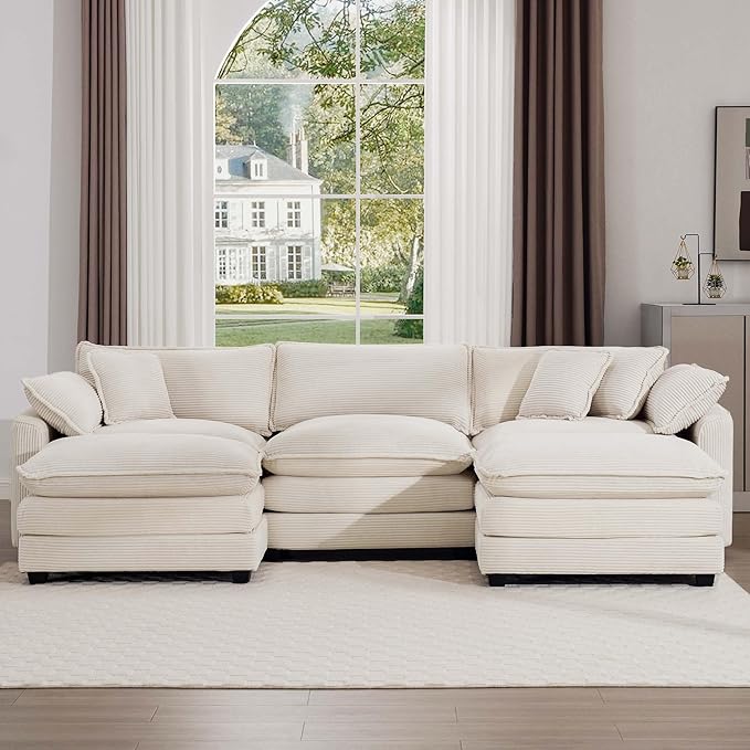 KEIKI 115" U-Shaped Oversized Corduroy Modular Sectional Sofa with 2 Ottoman, High-Density Foam Cushions, Removable Armrests, Upholstered 3-Seater Corner Couch with 5 Pillow, for Living Room, Beige