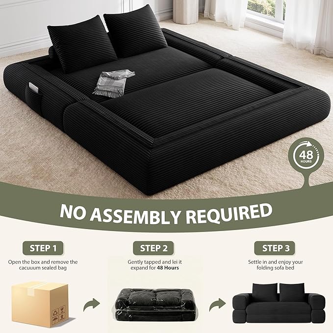 4-in-1 Convertible Folding Sofa Bed, 76 Inch Queen Size Foldable Sleeper Sofa Bed, Wide Corduroy Upholstery, Boneless Mattress Couch with Armrests & Neck Pillow for Living/Bedroom - Black