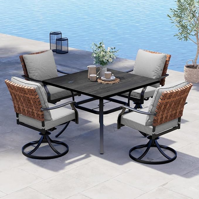 Grand patio 5-Piece Outdoor Dining Set, 4 Leather-Look Wicker Swivel Patio Chairs & 1 Square Dining Table, Black by GrandPatio