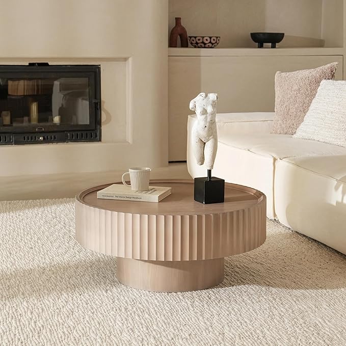 Round Coffee Table, 30.3in Modern Living Room Table, Fluted Drum Circle Tea Table with Storage, Accent Center Tables for Living Room, Apartment, Small Space(30.3''L×13.7''H)