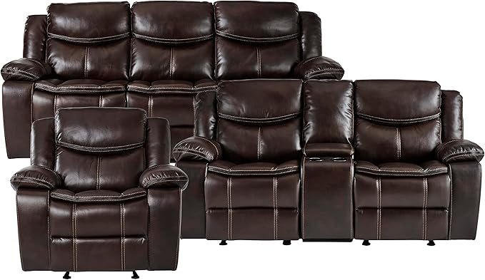 Lexicon Bay Manual Reclining Living Room Sofa Set, 3-Piece, Dark Brown