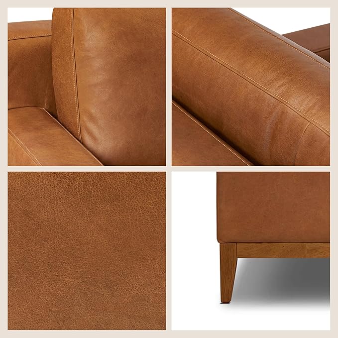 POLY & BARK Zyon 90" Sofa – Saddle Tan Full-Grain Pure-Aniline Italian Leather, Feather-Down Cushions, Solid Wood Base & Legs, Mid-Century Modern Design