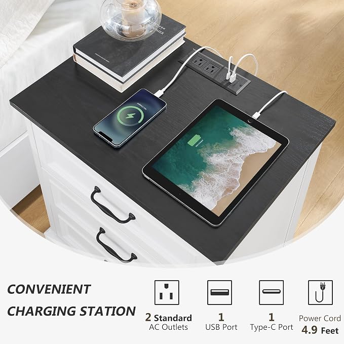 Farmhouse Nightstand Set of 2, Wood Night Stand with 3 Drawers and Charging Station Modern Bedside Table for Bedroom End Side Table Storage Cabinet Small 6 Drawers Dresser (2) - Image 5