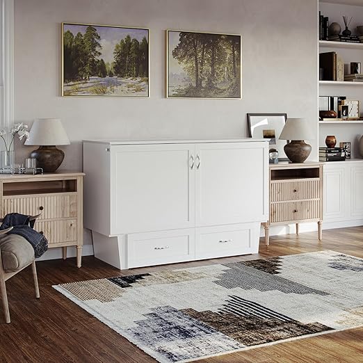 AFI, Chelsea Mid-Century Modern Queen Solid Wood Murphy Bed Chest with 6" Mattress, Storage Drawer & Built-in USB Charger, White