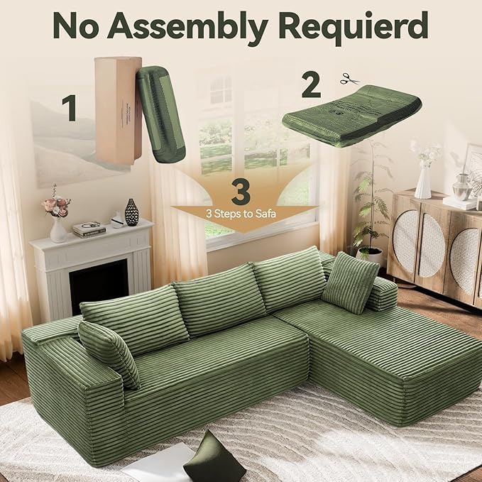 106" Modular Sectional Sofa, Green Corduroy Cloud Couch with Left Chaise, Deep Seat Boneless Floor Sofa for Living Room, High-Resilience Foam Support, No Assembly Required, Includes Pillows | Sectional Sofa, Corduroy Cloud, Boneless, High-Resilience, N...