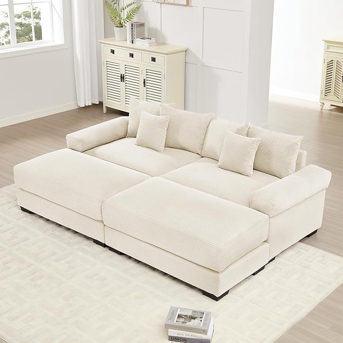 KEIKI 83" Oversized Corduroy Modular Sectional Loveseat Sofa with 2 Ottoman, High-Density Foam Cushion, Extra-Thick Armrest, Modern 2-Seater Fluffy Corner Couch with 6 Pillow, for Living Room, Beige