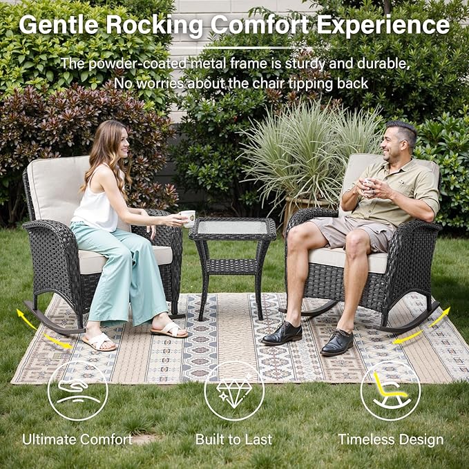 Belord Patio Furniture Set with Fire Pit Table - 8 Piece Outdoor Wicker Furniture Set with 43" 50000 BTU Propane Fire Pit and Rocking Chairs Patio Conversation Set for Deck Outside Backyard Black