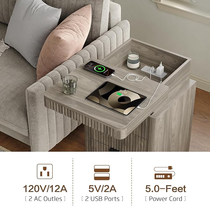 Yanosaku Night Stand Set of 2 with Charging Station, 3-Drawer Fluted LED Bedside Tables with Sliding Top & USB Outlets, Modern End Tables for Small Bedroom Living Room, Light Brown - Image 5