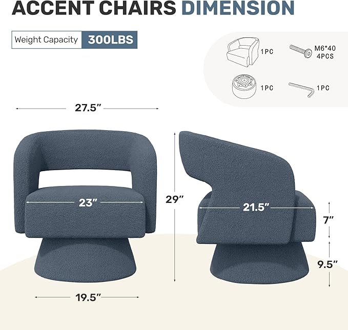 Nebuaegis Swivel Accent Chair Set of 4, Modern Comfy Teddy Barrel Chairs, Oversized Upholstered Round Arm Chair for Living Room, Bedroom, Reading Room, Blue