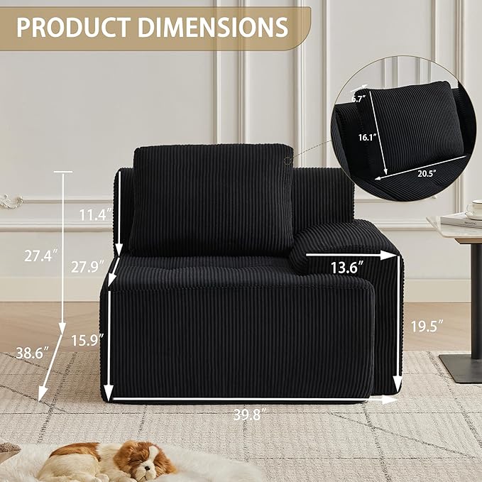 Modular Sectional Sofa with Movable Ottoman, 1 Seat Deep Seat Couch with 1 Pillow, Comfy Cloud Sectional Sofa for Living Room, Bedroom and Apartment (Black, 1 Right)
