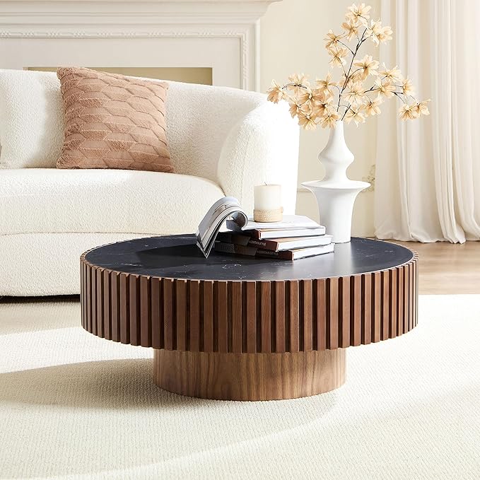 35.43'' Round Coffee Table with Faux Marble Tabletop, Modern Drum Center Coffee Tables Luxury Circle Coffee Table for Bedroom,Apartment,Living Room-Walnut