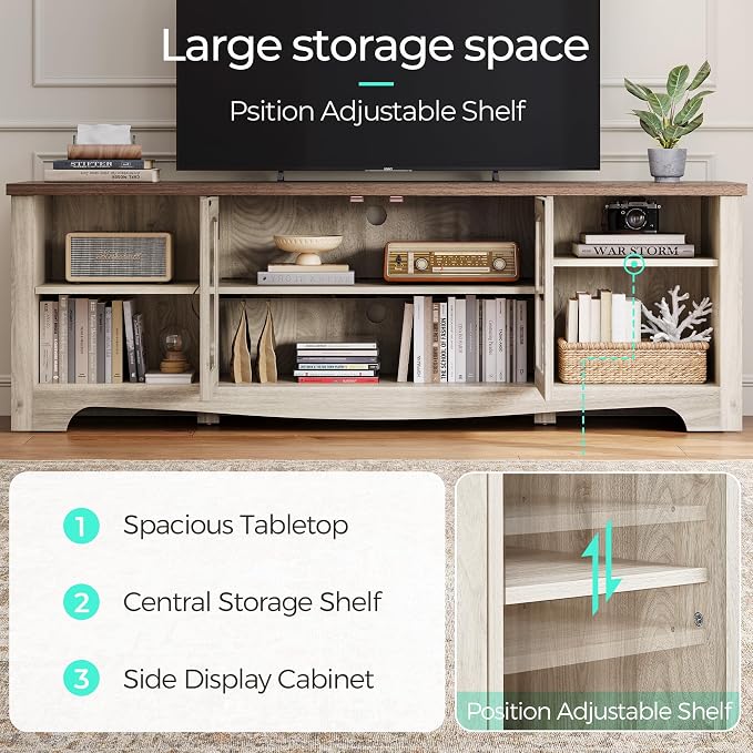 LINSY HOME TV Stand for 75 Inch TV, Modern Farmhouse Entertainment Center with Storage Cabinets and Glass Doors, Tall Media Console Table for Living Room, Bedroom, Large Long Television Stand, Beige - Image 5