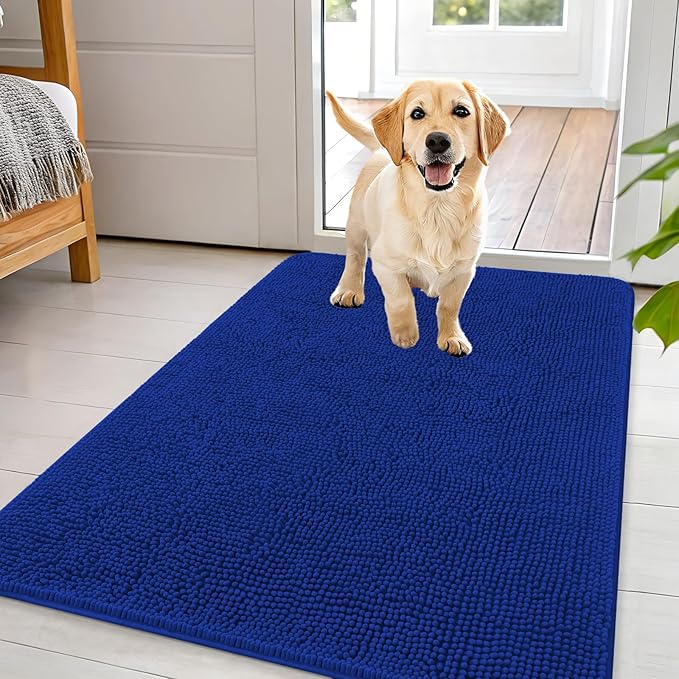 OLANLY Dog Door Mat for Muddy Paws 44x32, Absorbs Moisture and Dirt, Absorbent Non-Slip Washable Doormat, Quick Dry Chenille Mud Mat for Dogs, Entry Indoor Entryway Carpet for Inside Floor, Royal Blue by OLANLY