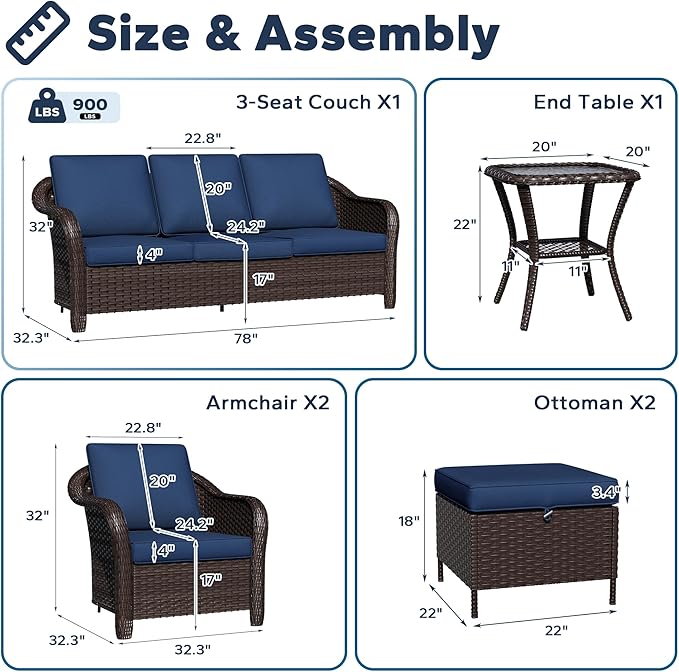 6 PCS Outdoor Conversation Set | 78" Couch, 2 Chairs, 1 Side Table, 2 Ottomans, Patio Wicker Conversation Furniture with Removable Cushions for Bistro, Deck, Sunroom (Navy Blue)