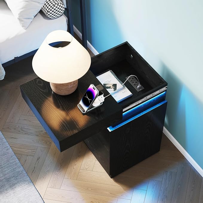 Black Nightstand with Charging Station and LED Light,27'' Tall Night Stand with Sliding Top for Bedroom, Bedside Table with 3 Drawers, Modern End Side Table for Living Room - Image 6