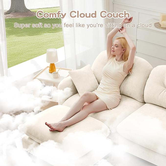 KEIKI 140" U-Shaped Oversized Chenille Modular Sectional Sofa with 2 Ottoman, High-Density Foam Cushions, Tufted Pleated Cushion Backrest, Modern 4-Seater Couch with 2 Pillow, for Living Room, Beige