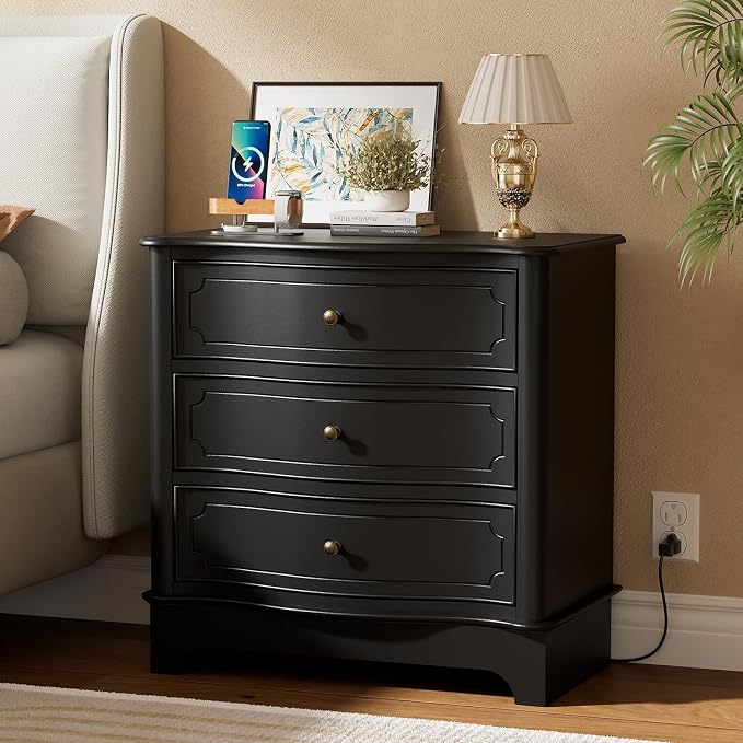 3 Drawers Dresser for Bedroom with Charging Station, 28" Wide Small Chests of Drawers, Farmhouse Wood Nightstand Bedside Cabinet End Table for Bedroom, Living Room, Closet, Black by LegacyAmerhomeDirect