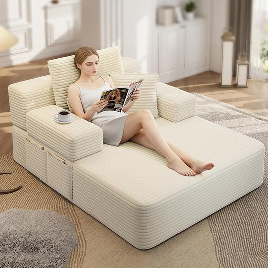48.5" Boneless Chaise Lounge Chair Sofa Bed Indoor with Zip-Down Convertible Armrests & Backrest, Oversized Cloud Upholstered Compression Sleeper Couch Reading Chairs w/Side Pockets | High Rebound Foam, Anti-pilling, Wear-Resistant