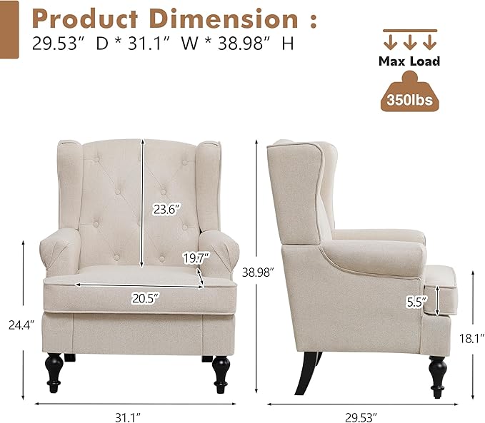 Accent Chair Set of 2, Mid Century Modern Fabric Wingback Chair, Upholstered Armchair with High Back and Vintage Legs, Comfy Single Sofa Side Reading Chair for Living Room Bedroom, Khaki