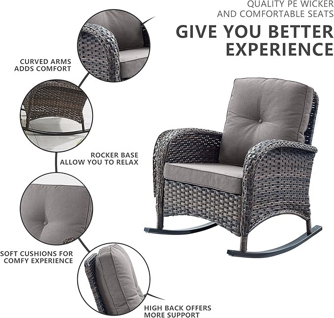 Belord 7 Piece Outdoor Patio Furniture Sets with Rocking Chairs, Wicker Loveseat Conversation Sets for Deck Patio Backyard Poolside, Grey Cushion