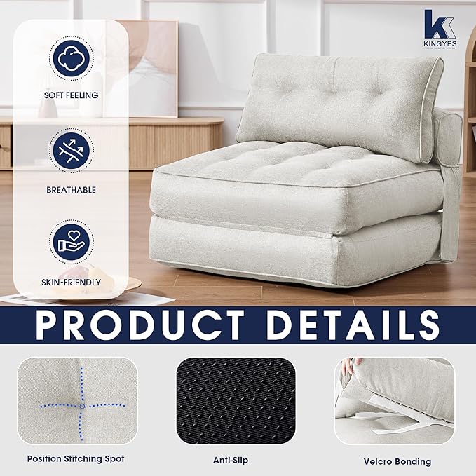 KINGYES Folding Chair Bed, 3 in 1 Convertible Sleeper Chair with Pillow, Foldable Futon Chair for Living Room, Beige