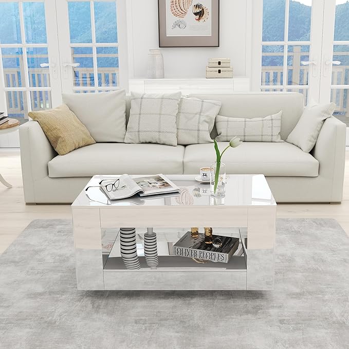 35" High Gloss Wood Coffee Table for Living Room, Sides Storage with Transparent Legs, Modern 2-Tier Storage Shelf Center Table for Home Office, Apartment, White