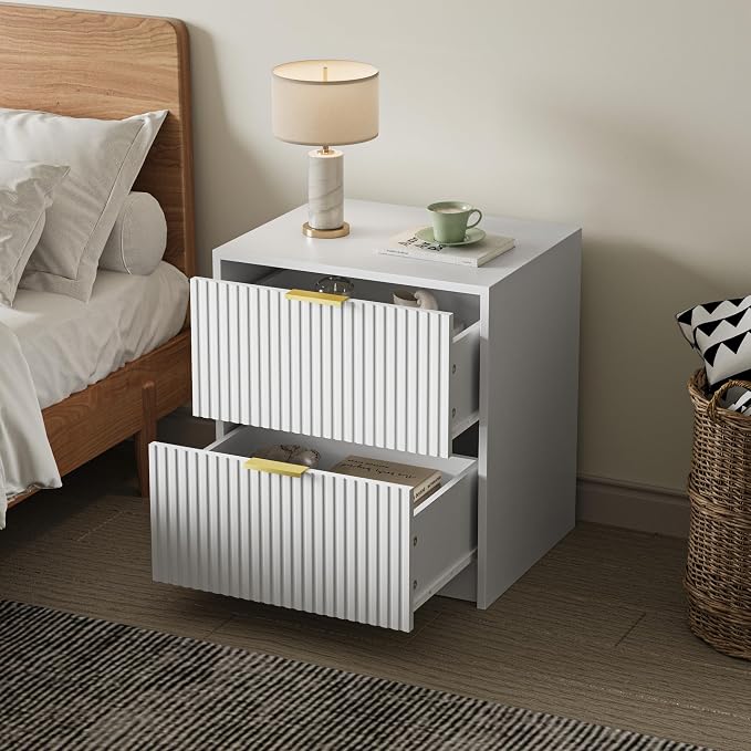 MAISONARIA Fluted Nightstands Set of 2 with 2 Drawers, 19.6" Modern Storage Bedside Table with Golden Metal Handles, Wooden End Table for Bedroom, White - Image 5