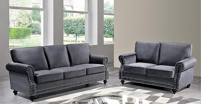 Lotus Mid Century Modern Velvet Upholstered Living Room Rolled Arms, Sofa and Loveseat, Fossil Grey