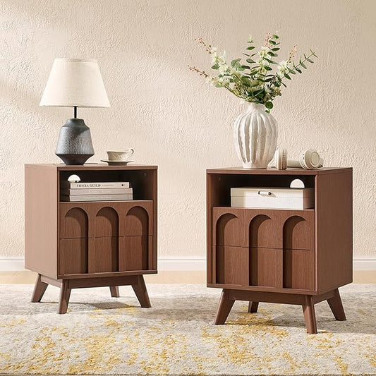 Oak&Sparrow Nightstands Set of 2, Mid Century Modern Arched Bedside Table with Charging Station, 2 Drawer Wood End Table for Bedroom, Walnut by OakSparrow