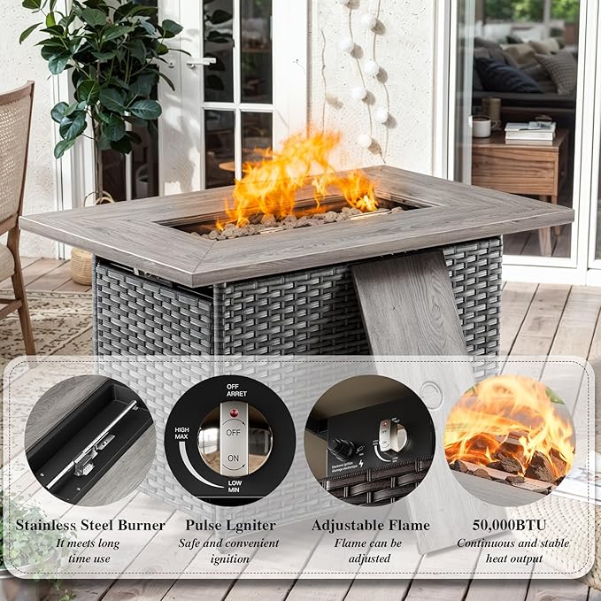 HUMMUH 8 Pieces Outdoor Patio Furniture Set with Fire Pit,L-Shaped Modular Sectional Couches with Swivel Patio Chairs,Wicker Conversation Set for Deck,Backyard,Porch,Garden
