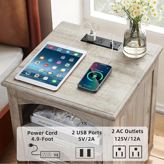 RWYHG 18" Farmhouse Night Stand with Charging Station, Gray Wood Nightstand with 2 Drawers, Bedside End Table with Shelf Storage, Bed Side Tables Cabinet for Bedroom, Living Room, and Closet - Image 6
