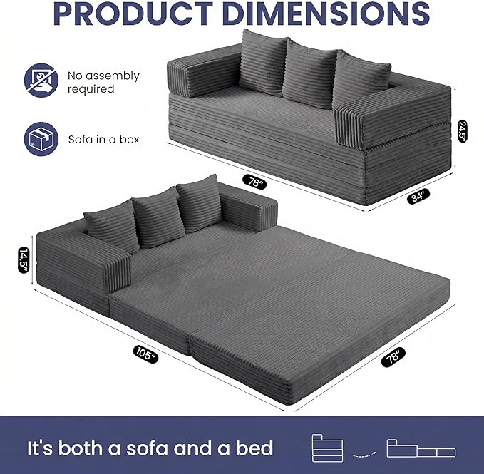Convertible Sofa Bed Couch, 78’’ Oversized 4-in-1 Boneless Couches with Removable Armrests Backrest, Corduroy Futon Sofa Bed, Foldable Mattress Sleeper Sofa for Living Room Bedroom (Grey)