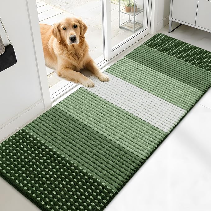 Kitinjoy Indoor Outdoor Door Mat, 71x24 Non-Slip Absorbent Dirt Trapper, Low-Profile Washable Inside Entrance Front Floor Mat, Sturdy Soft Entry Dotted Ombre Doormats for Entryway, Green by Kitinjoy
