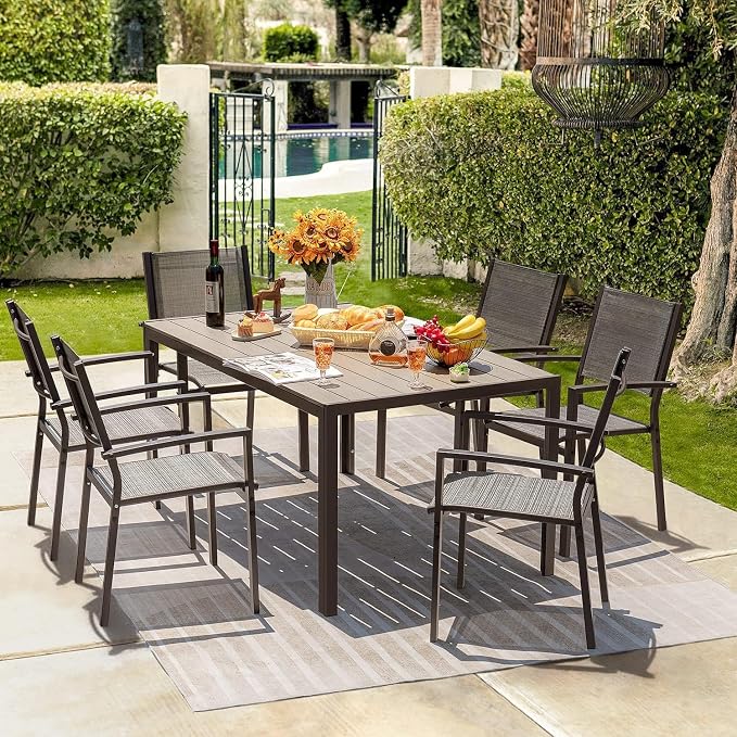 Homall Patio Dining Set 7 Pieces Outdoor Furniture with Large Table and 6 Textilene Chairs for Porch, Poolside, Yard and Garden, Light Grey - Image 2