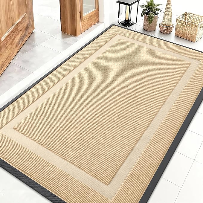OLANLY Front Door Mat Indoor Outdoor Entrance, Waterproof All-Season, All-Weather Doormat, Sturdy Natural Rubber, Fade Resistant, Low Profile, Easy Clean Patio Porch Entryway Mat, 47x32, Beige by OLANLY