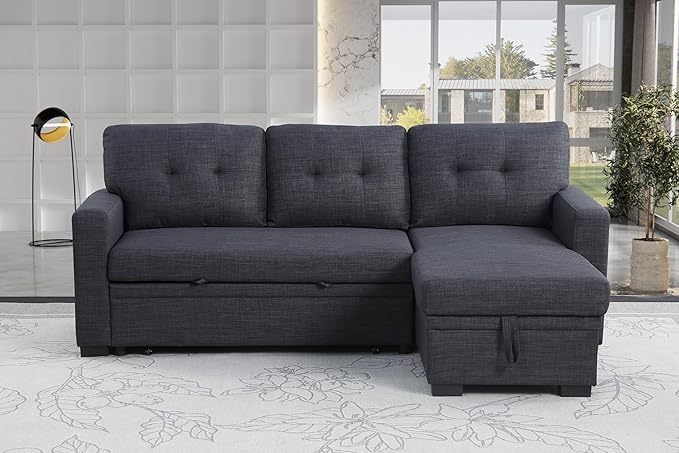 ERYE 82-inch Pull Out Sleeper Couch Bed, L-Shaped Reversible Sleeper Sectional Sofa Linen Blend Tufted Upholstered Corner Convertible Sofa Bed with Storage Chaise