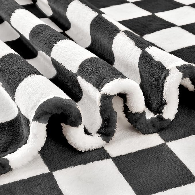 Edenleaf Checkered Blanket Flannel Throw Blankets Soft Cozy Checkered Grid Print Chessboard Gingham Pattern Throws for Bed Sofa Couch for All Seasons, 50x60 Inch, Black