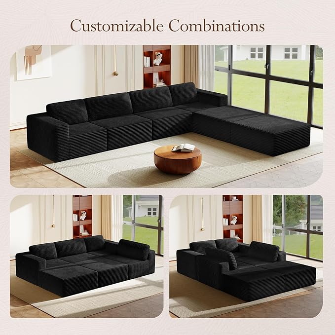 Vesgantti 159" Large Modular Sectional Sofa, U-Shaped Corduroy Cloud Couch with Deep Seats & Spring Support, 4-Seater Boneless Sofa with 2 Movable Ottomans, No Assembly Needed, Black
